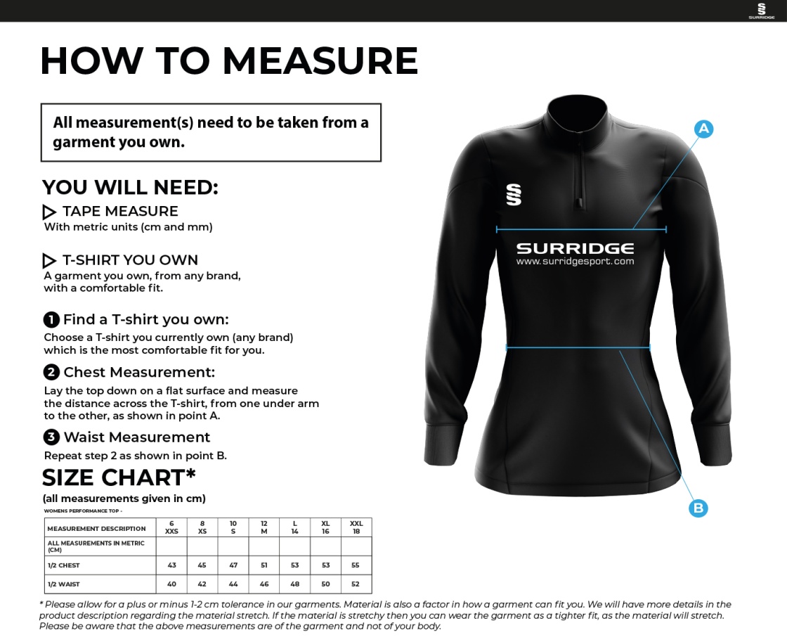 University of Bath - Women's Football & Futsal ¼ Zip Performance Top - Size Guide