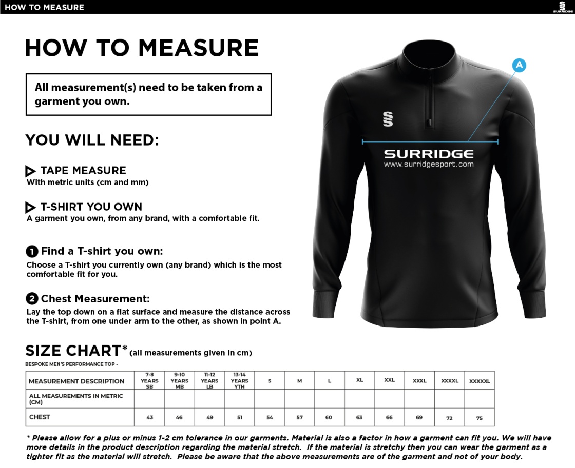 University of Bath - Sailing ¼ Zip Performance Top - Size Guide