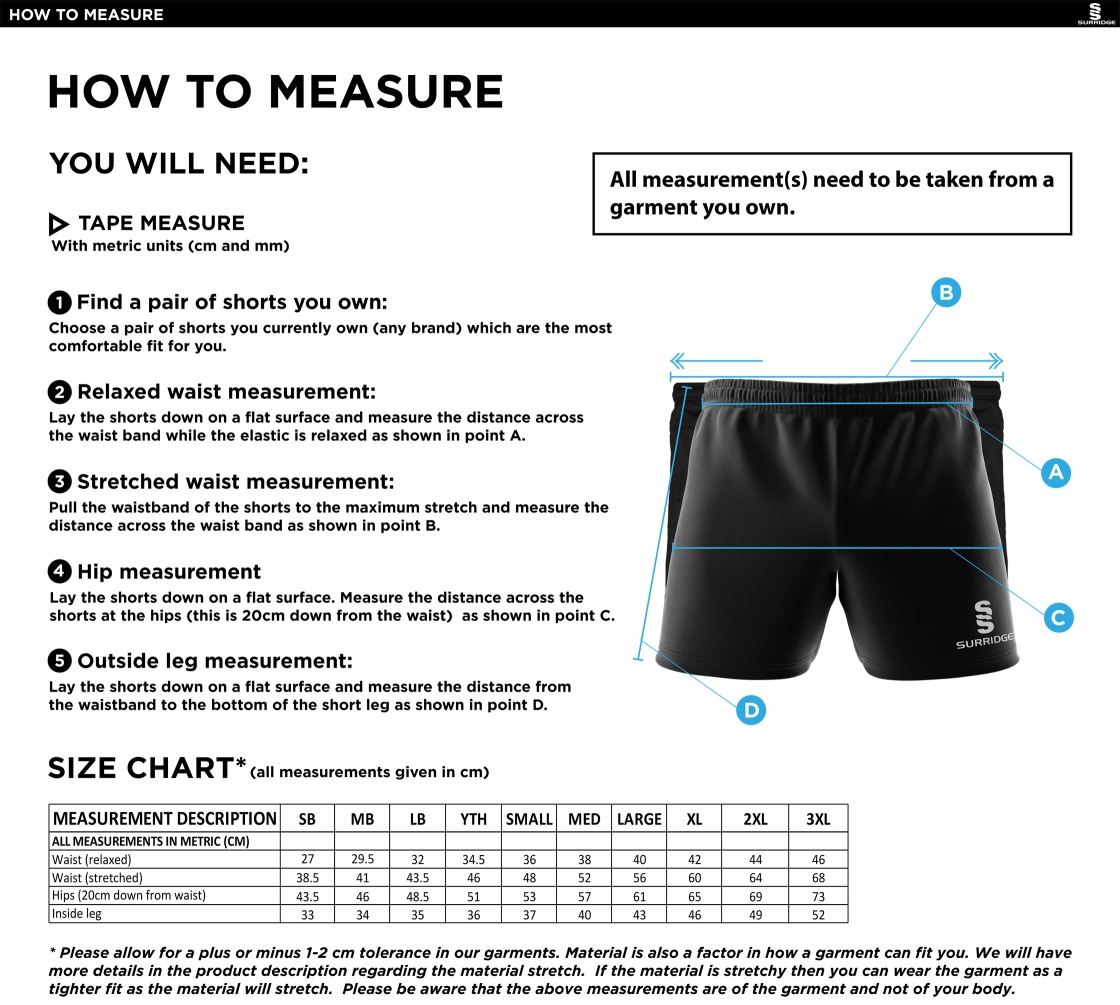 University of Bath - Performance Gym Short - Size Guide