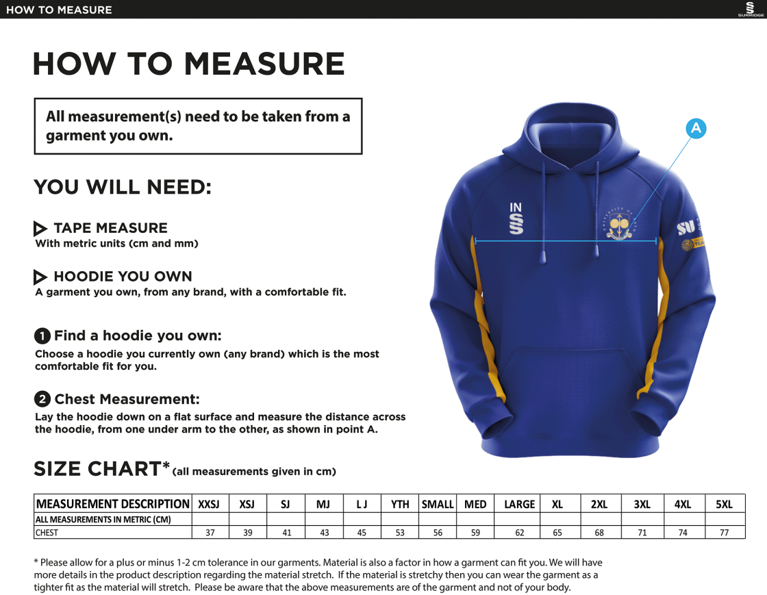 University of Bath - Volleyball Hoodie - Size Guide