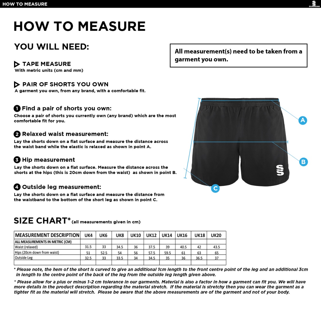 University of Bath - Performance Gym Short - Women's Fit - Size Guide