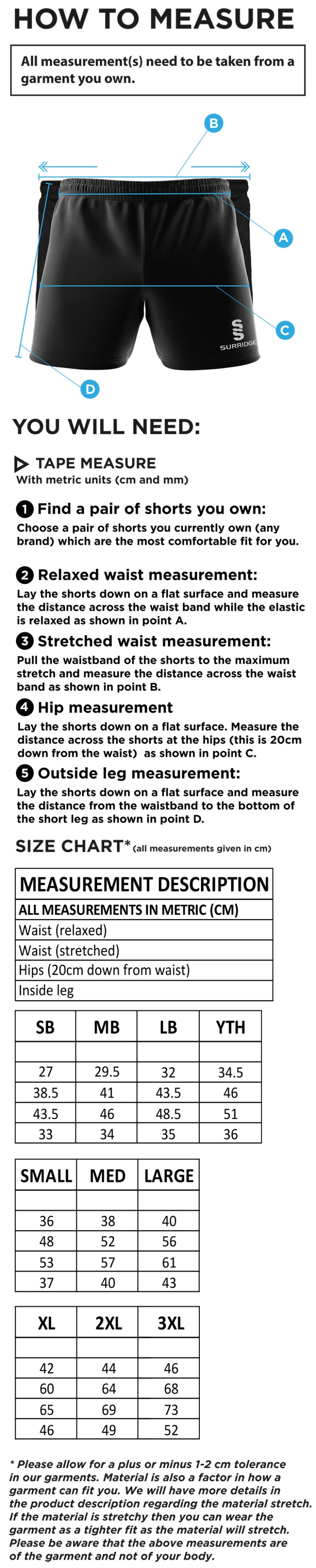 University of Bath - Performance Gym Short - Size Guide