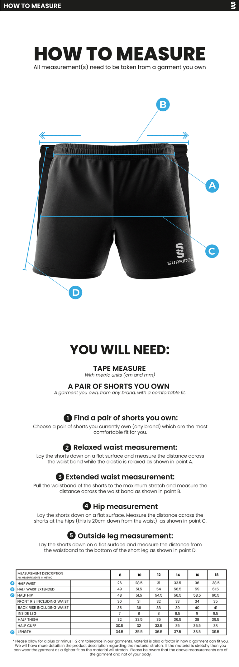 University of Bath - Women's Rugby Shorts - Size Guide