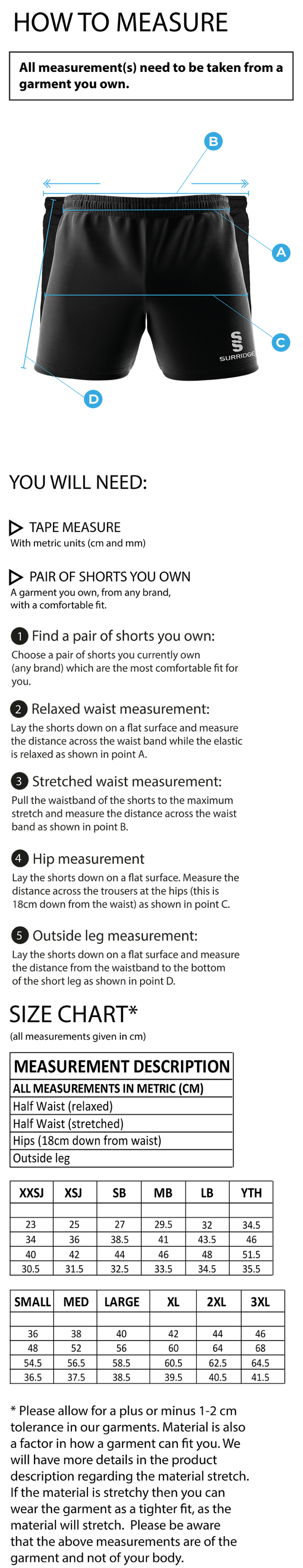 University of Bath - Men's Rugby Shorts - Size Guide