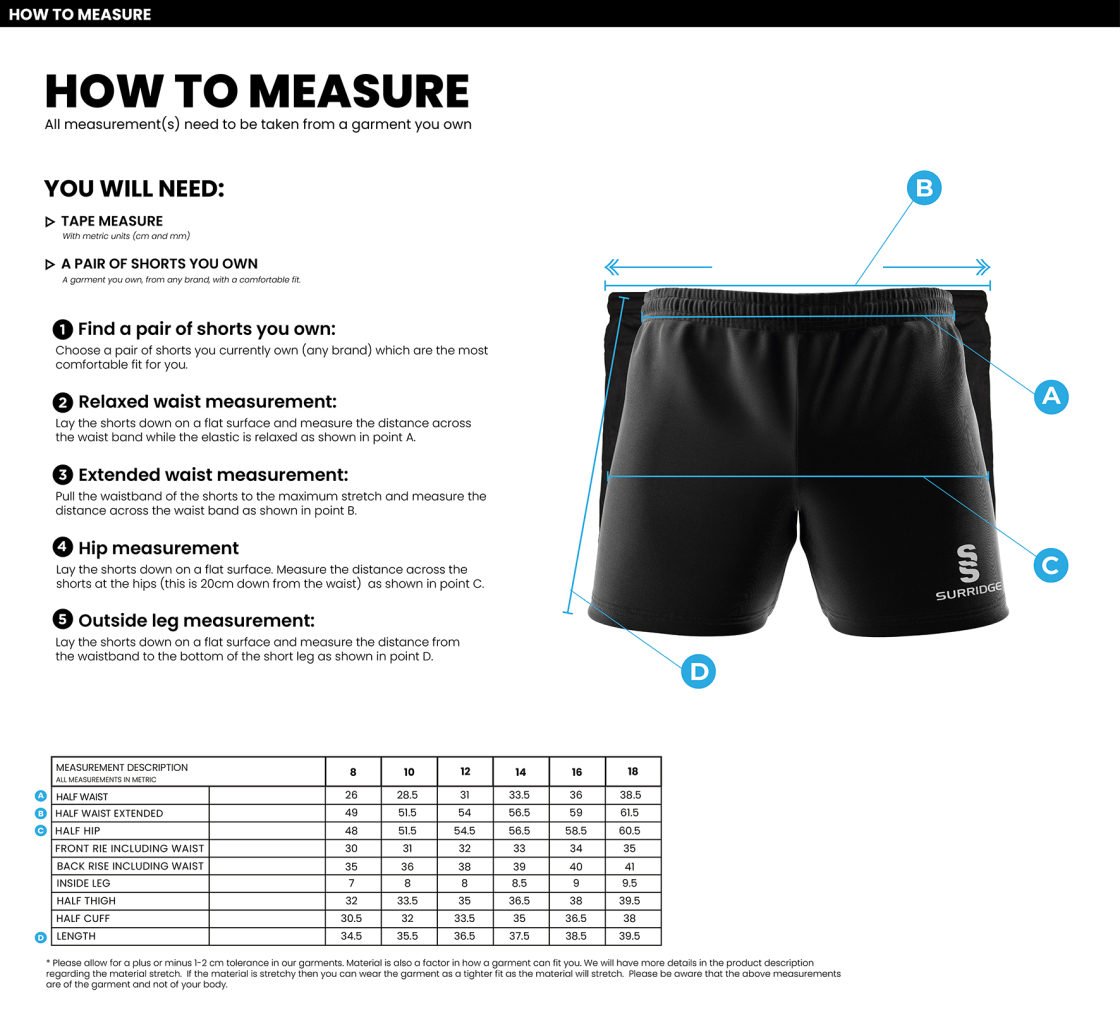 University of Bath - Women's Rugby Shorts - Size Guide