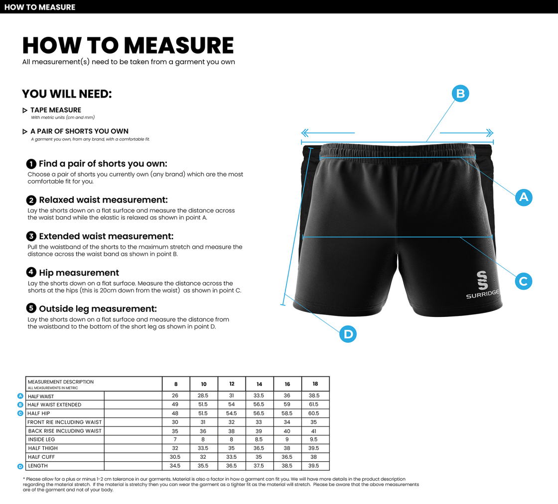 University of Bath - Rugby Union - Women's Rugby Shorts - Size Guide