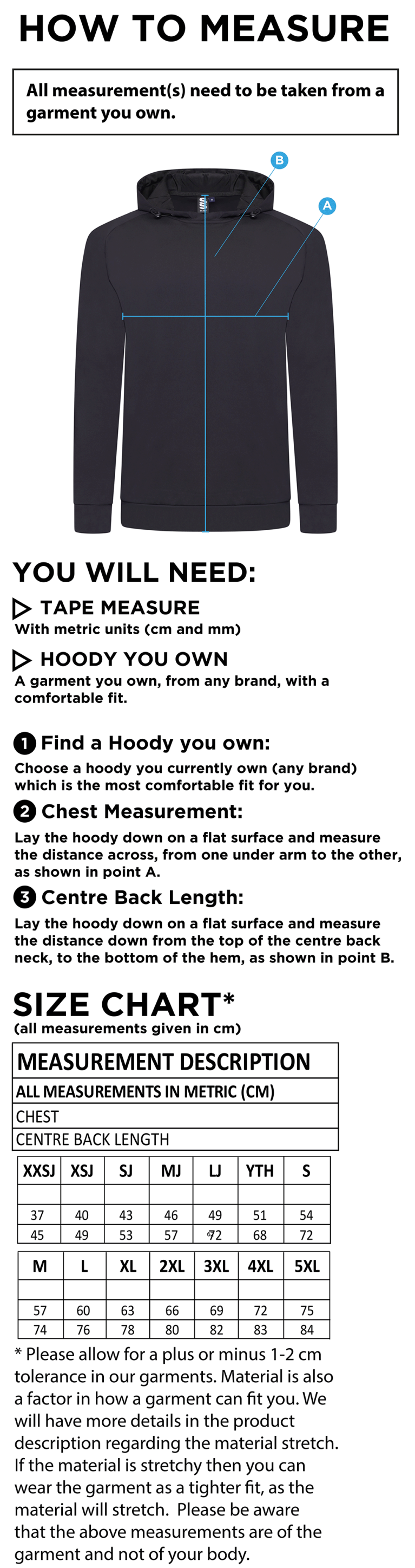 University of Bath - Active Hoody - Unisex Fit - Size Guide