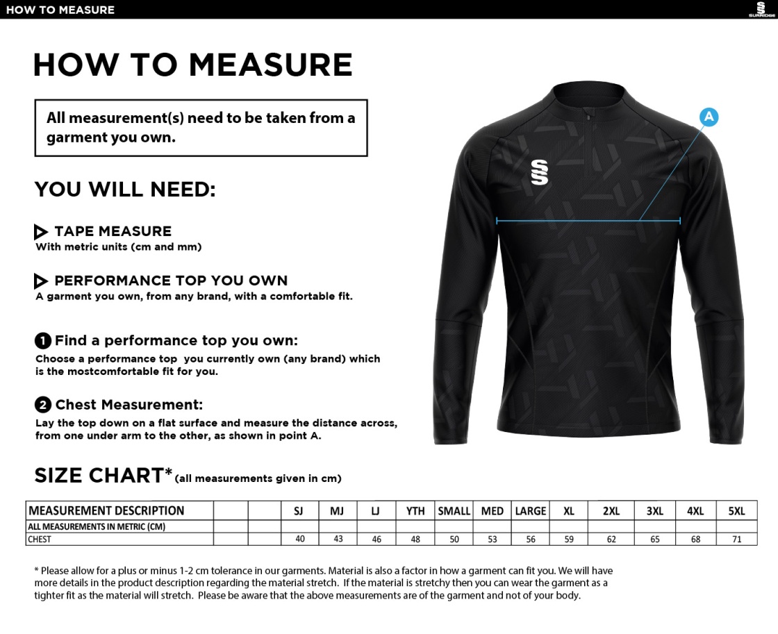 University of Bath - Baseball - Impact 1/4 Zip Performance Top - Royal - Men's Fit - Size Guide