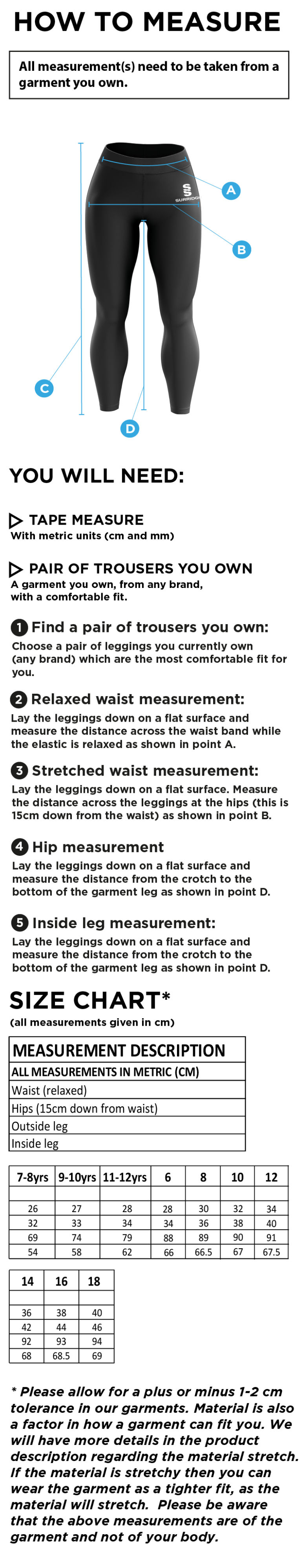 University of Bath Leggings - Size Guide