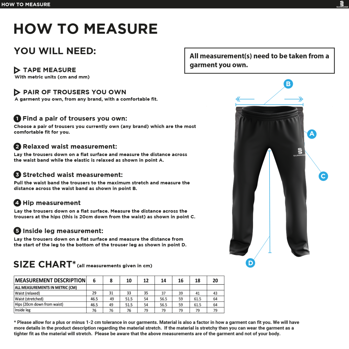 University of Bath - Women's Poplin Track Pant - Size Guide