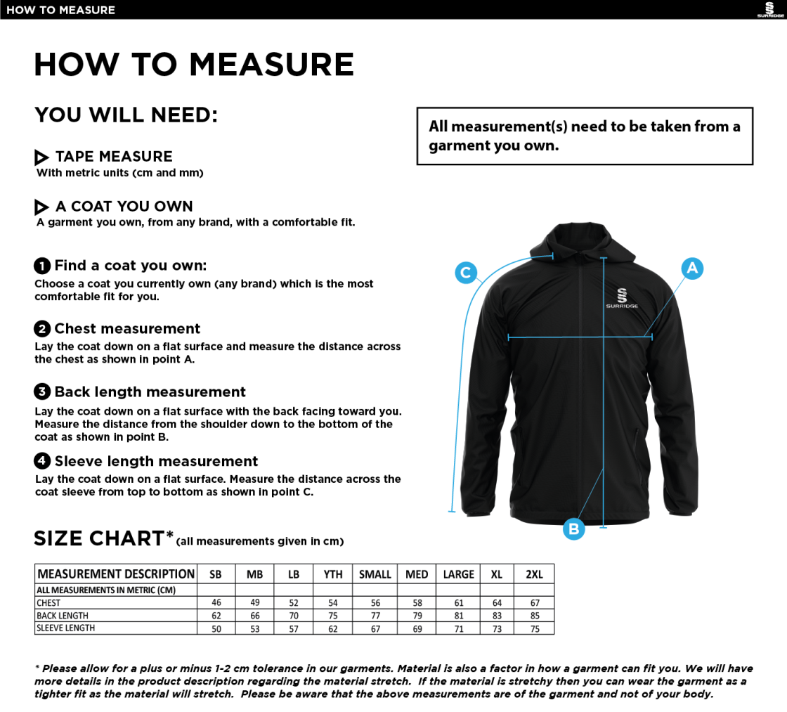 University of Bath - Dual Elite 1/4 Zip Hoody / Rain Jacket - Size Guide