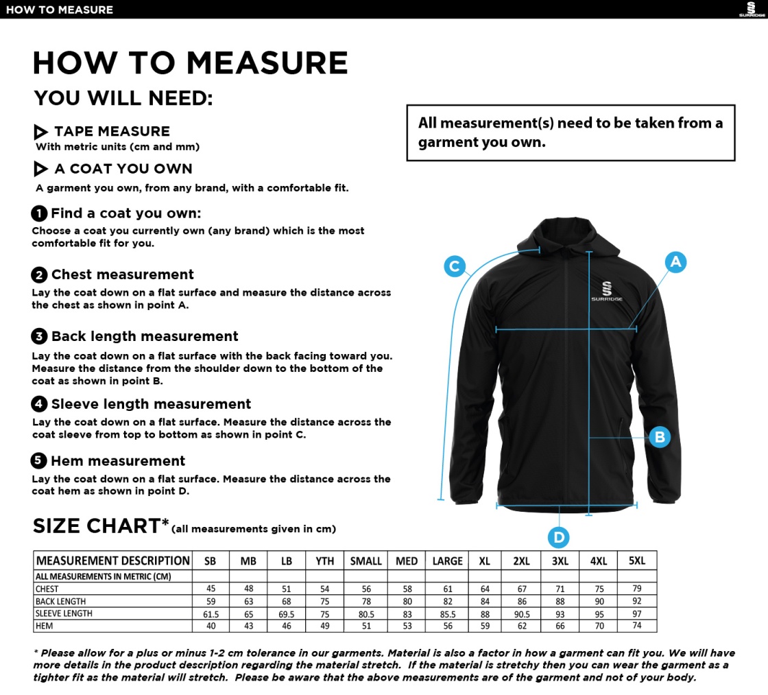 University of Bath - Baseball - Dual Full Zip Training Jacket - Royal - Size Guide