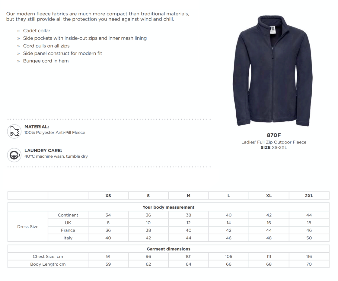 University of Bath - Riding Society - Full-Zip Outdoor Fleece - Women's Fit - Size Guide