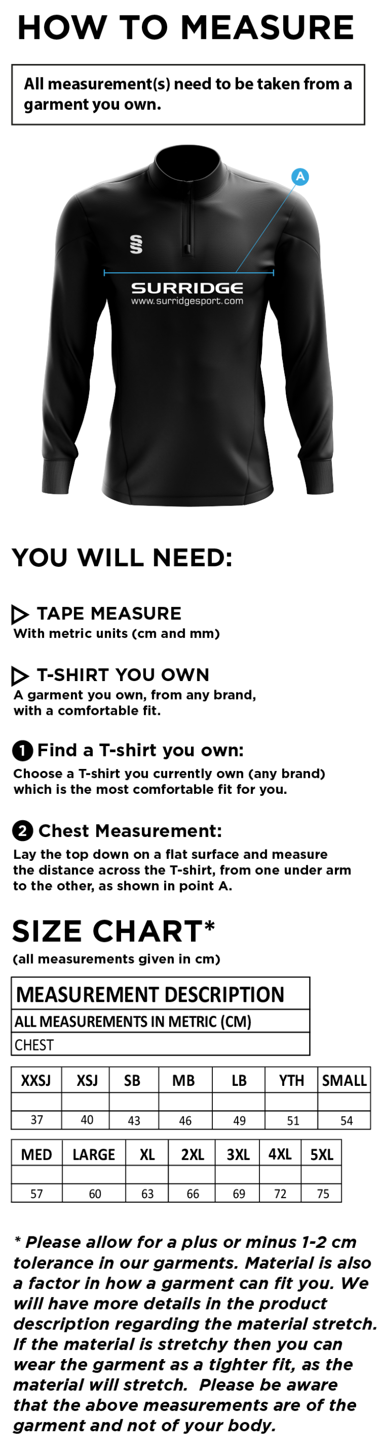 University of Bath - Gliding ¼ Performance Top - Size Guide