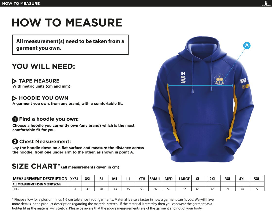 University of Bath - Fencing Hoodie - Size Guide