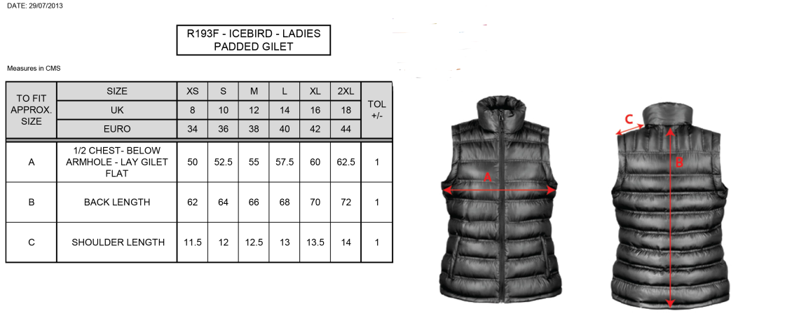 University of Bath - Women's Padded Gilet - Size Guide