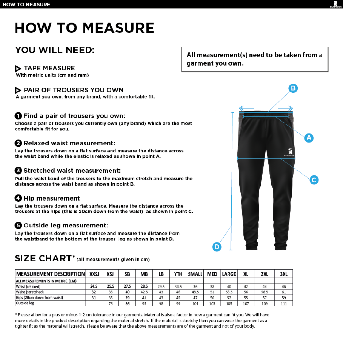 University of Bath - Tek Pants - Size Guide