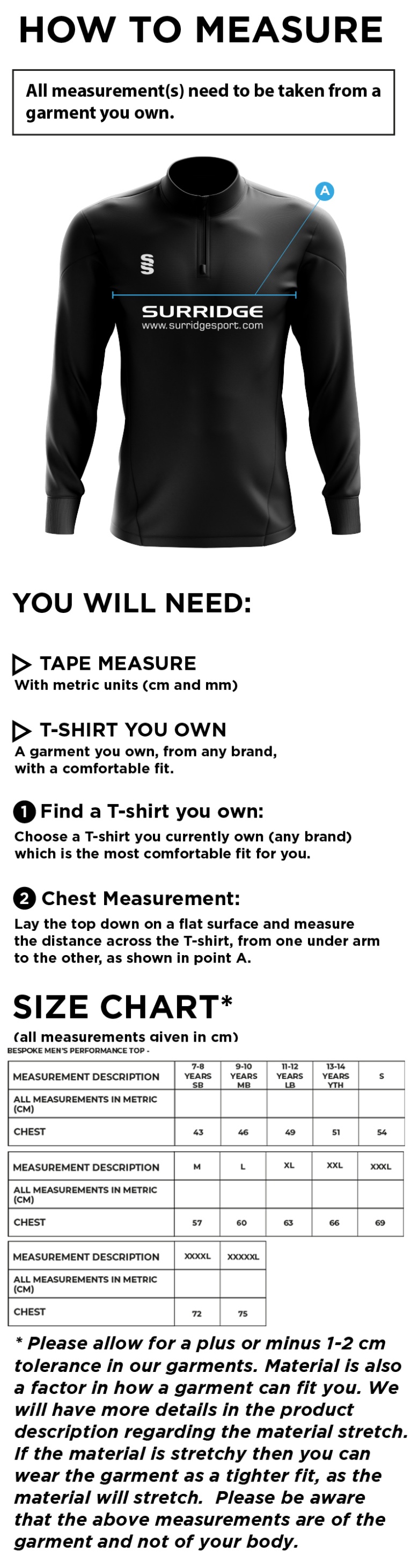 University of Bath - Table Tennis ¼ Zip Performance Top - Size Guide