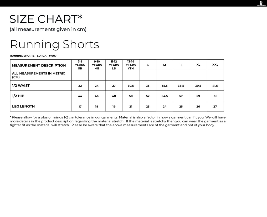 University Of Bath - Running Shorts - Size Guide