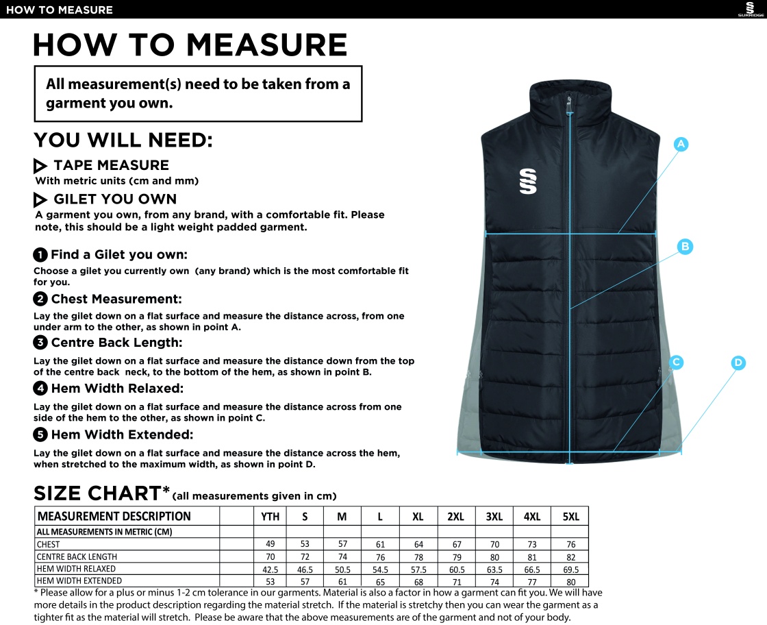 University of Bath - Active Gilet - Unisex Fit - Size Guide
