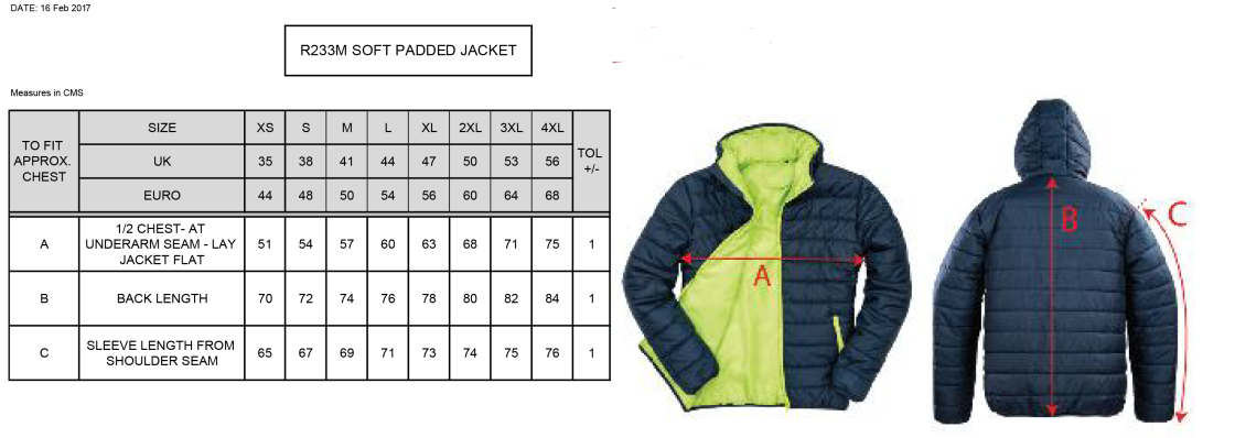 University of Bath - Supersoft Padded Jacket - Size Guide