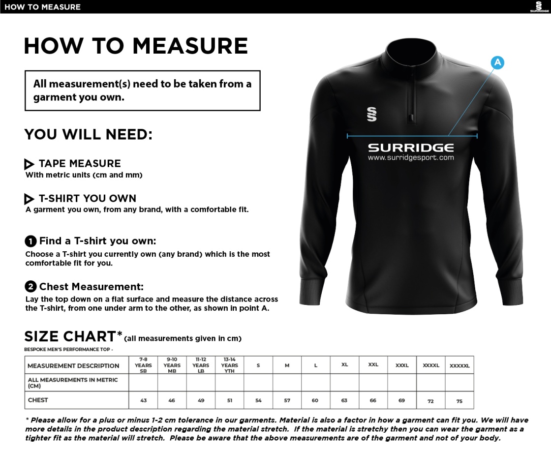 University of Bath - Fencing ¼ Zip Performance Top - Size Guide