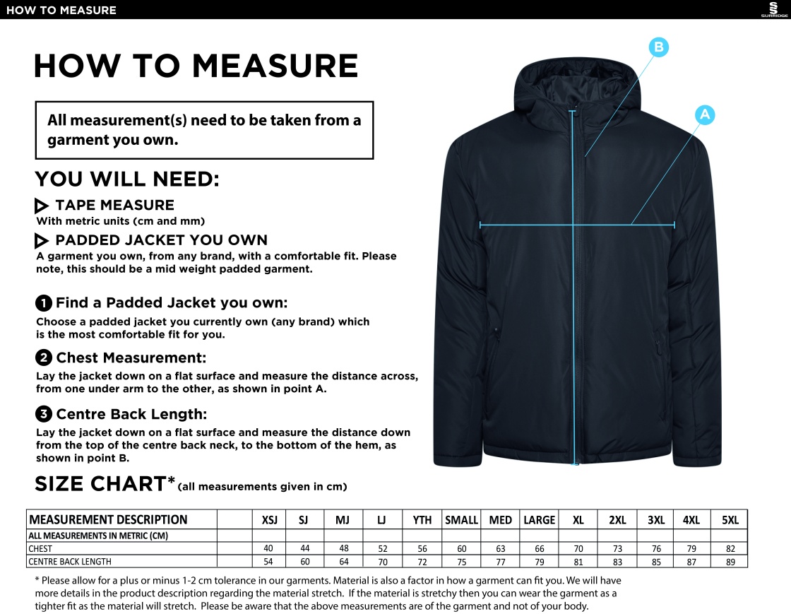 University of Bath - Matchday Jacket - Size Guide