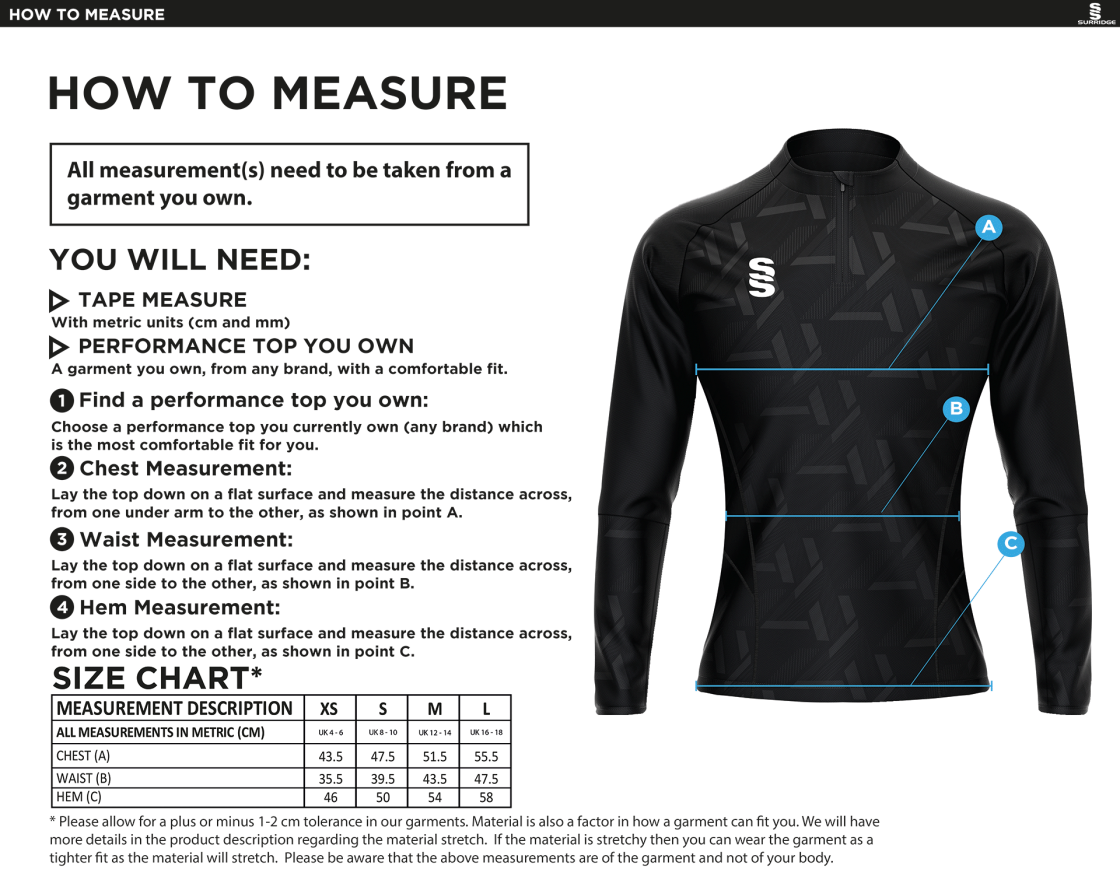 University of Bath - Impact 1/4 Zip Performance Top - Royal - Women's Fit - Size Guide