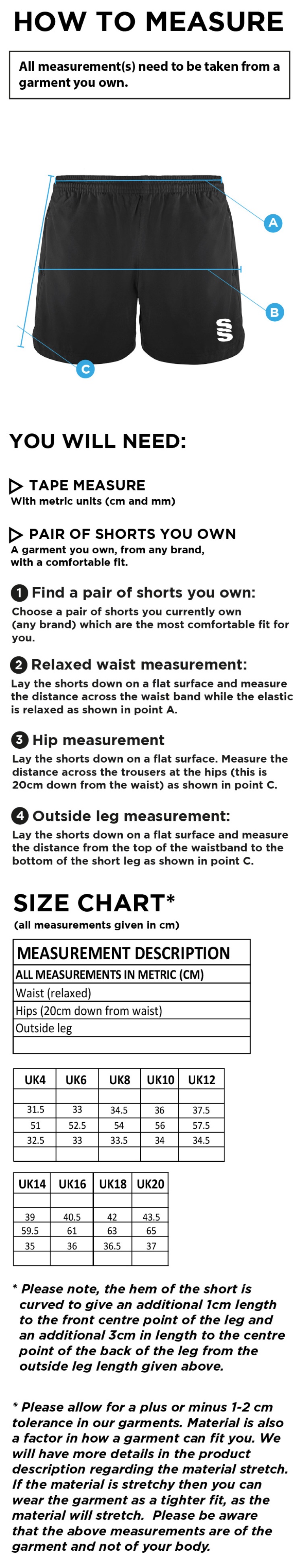 University of Bath - Performance Gym Short - Women's Fit - Size Guide