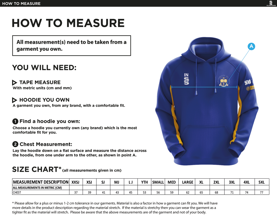 University of Bath - Padel Hoodie - Size Guide
