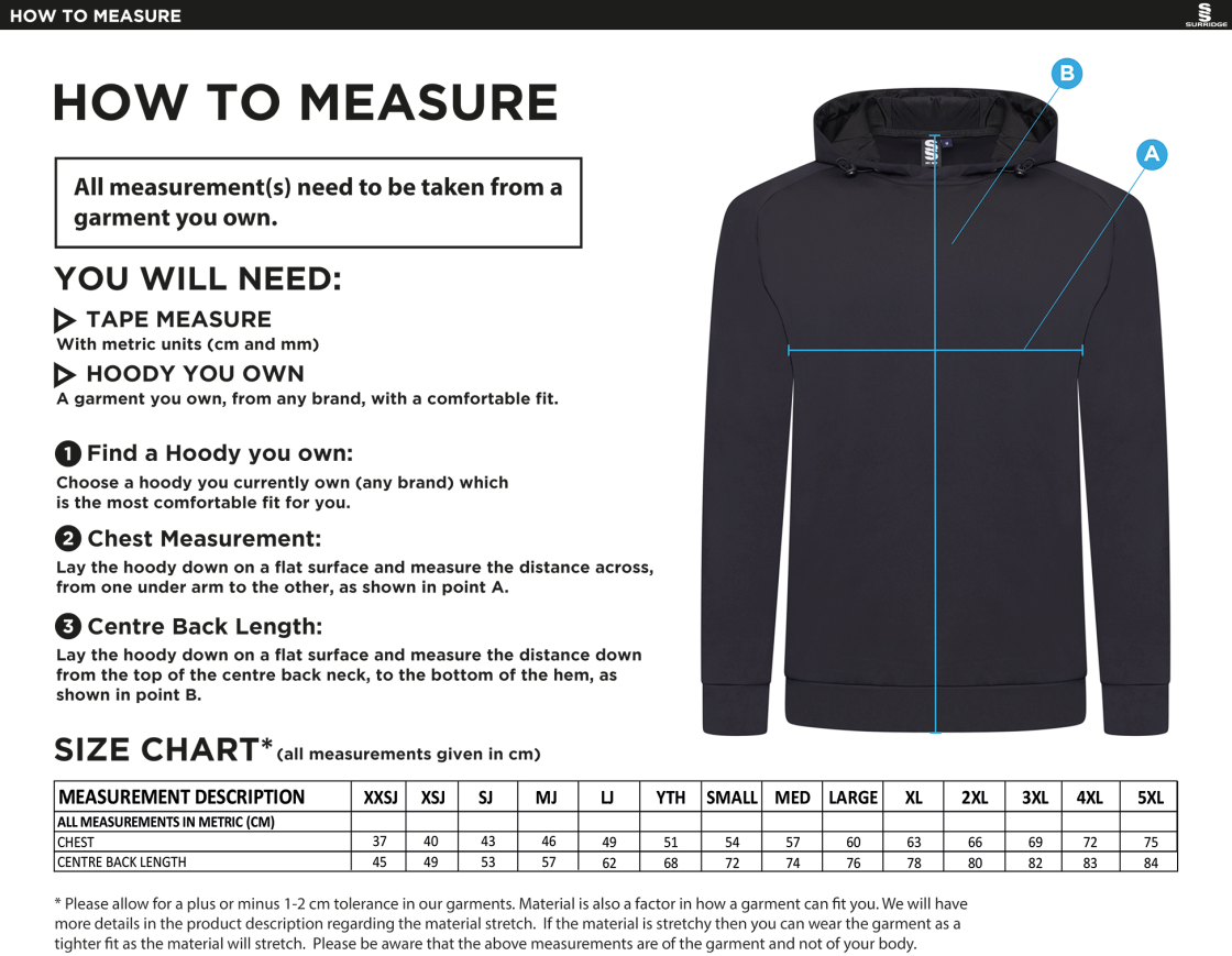 University of Bath - Active Hoody - Unisex Fit - Size Guide