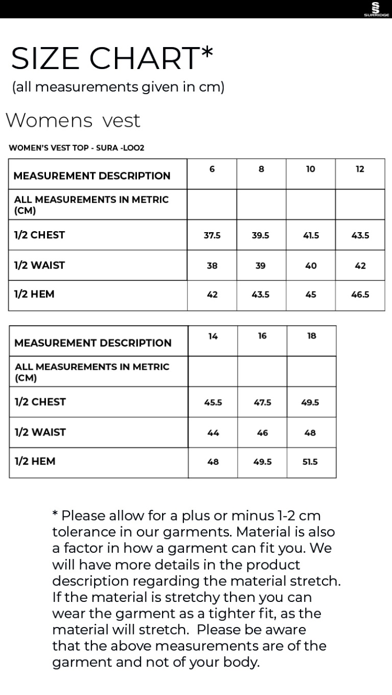 University Of Bath - Tennis Vest Female - Size Guide