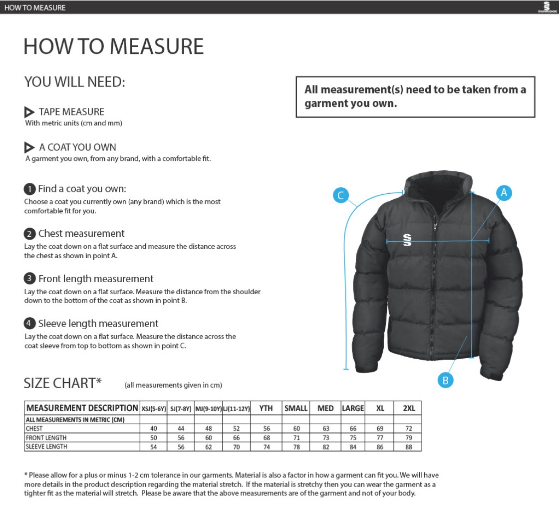 University of Bath - Men's Holkham Down Feel Jacket - Size Guide