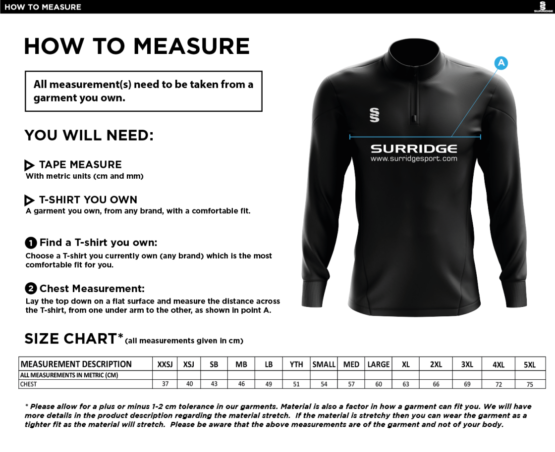 University of Bath - Yoga - ¼ Performance Top - Size Guide
