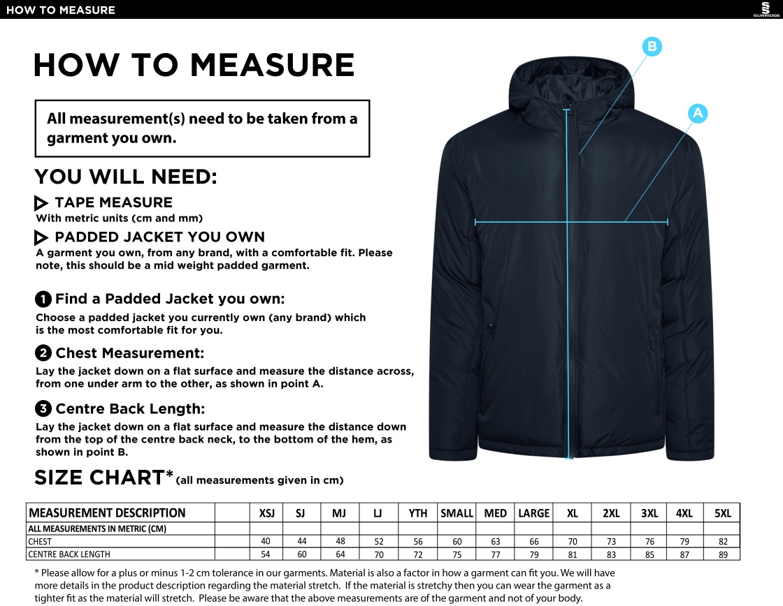 University of Bath - Matchday Jacket - Size Guide