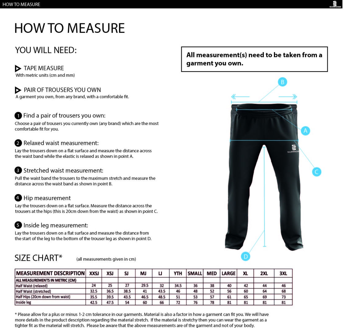 University of Bath - Dual Poplin Track Pant - Size Guide