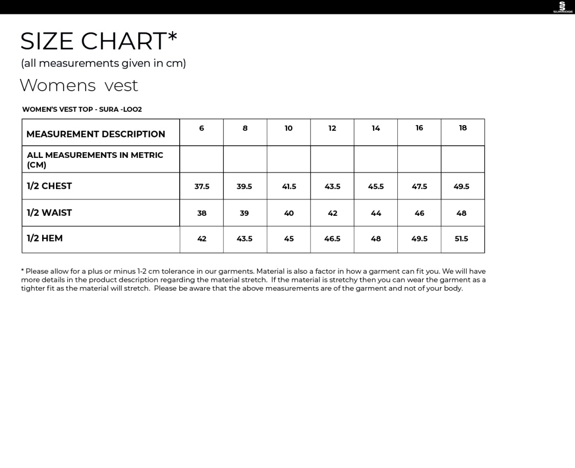 University Of Bath - Tennis Vest Female - Size Guide