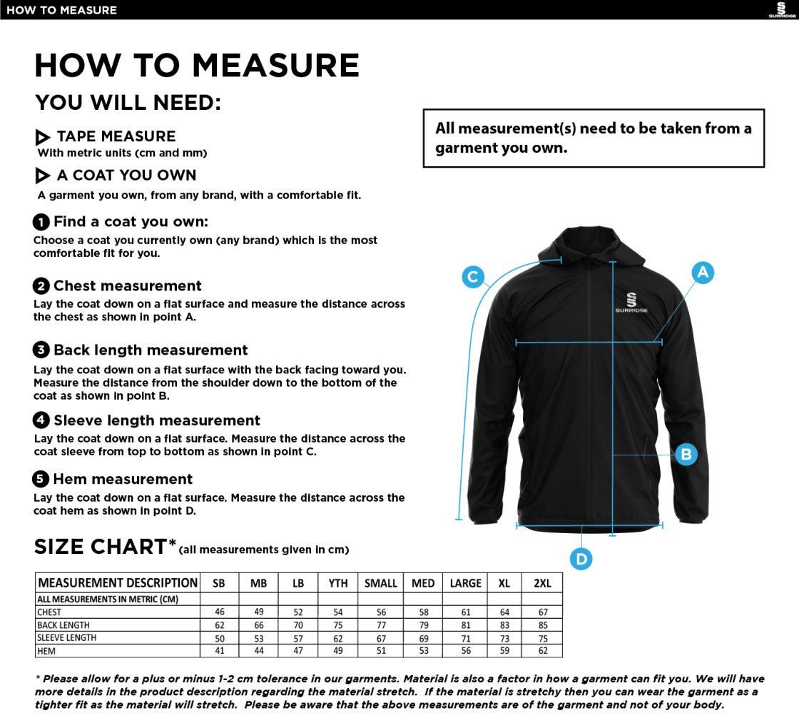 University of Bath - Dual Full Zip Training Jacket - Size Guide