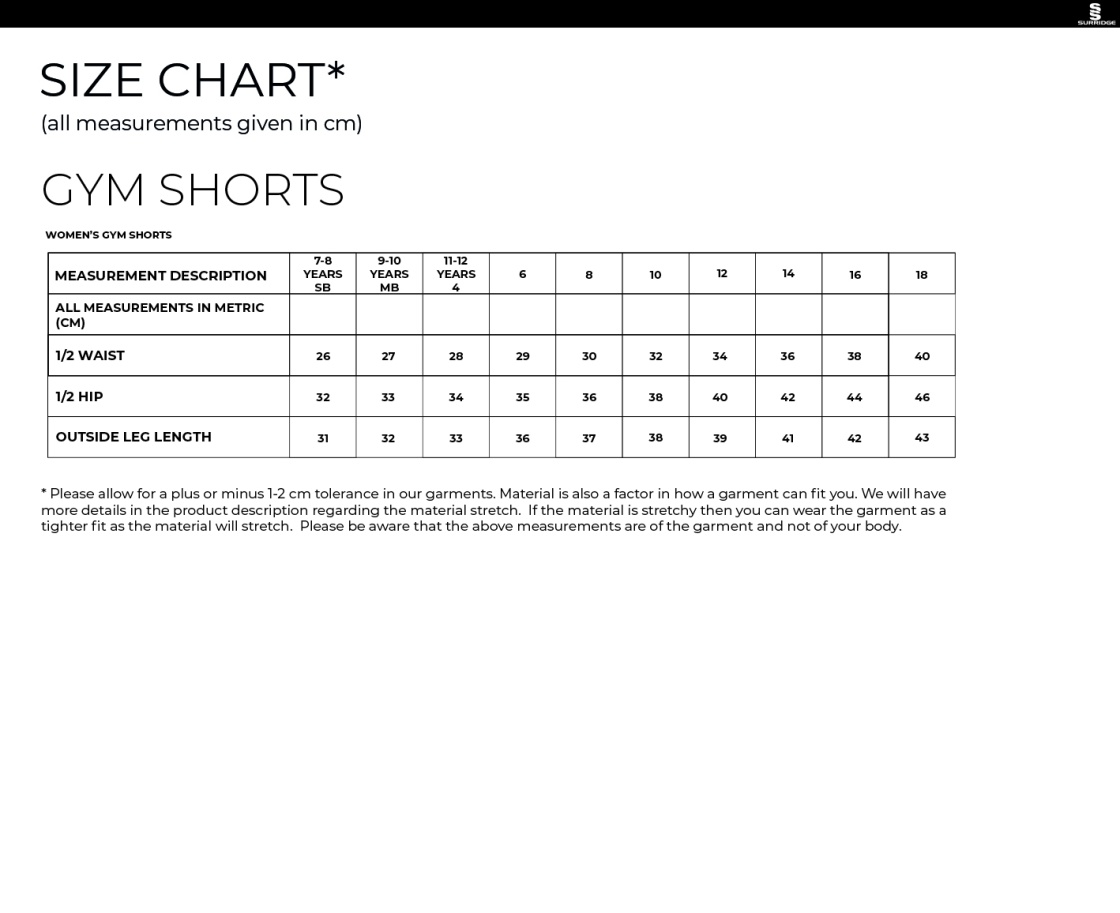 University Of Bath - Women's Gym Short - Size Guide