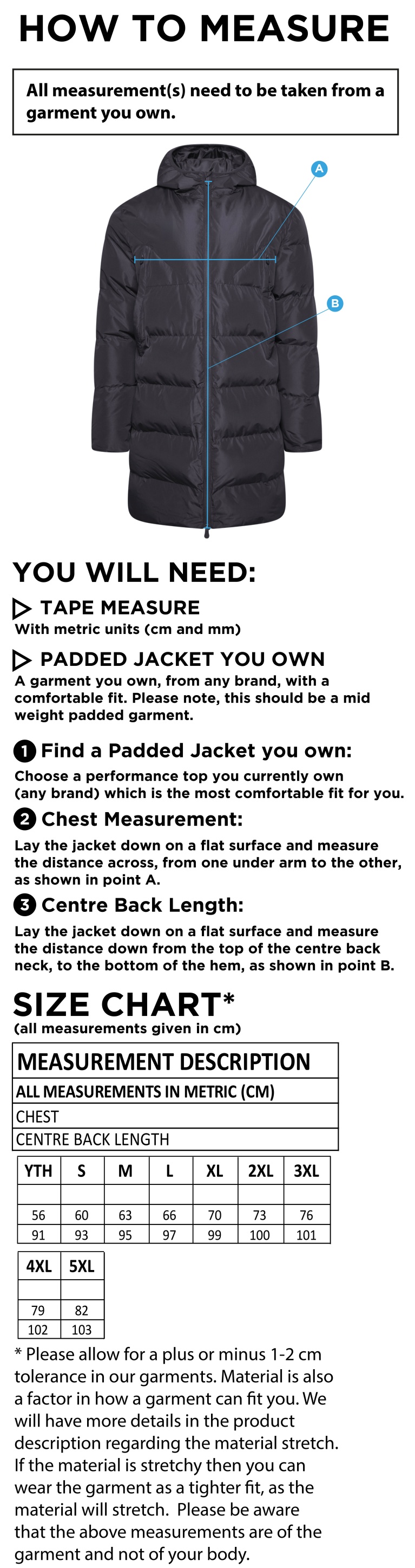 University of Bath - Baseball - Full Length Sub Coat - Size Guide