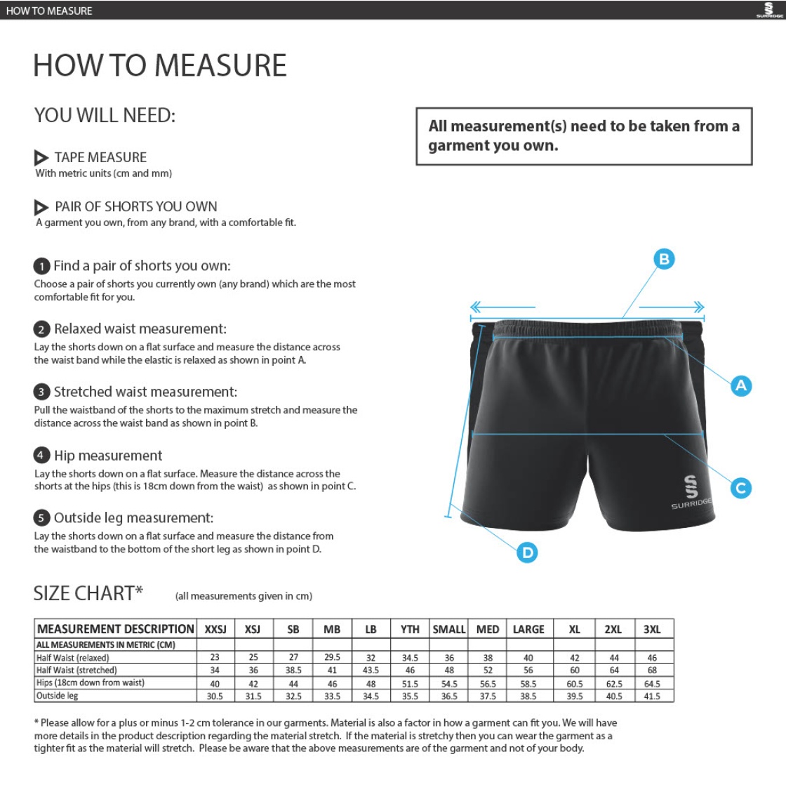 University of Bath -  Rugby Union - Men's Rugby Shorts - Size Guide