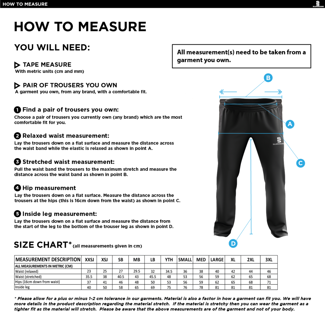 University of Bath - Poplin Track Pant - Size Guide