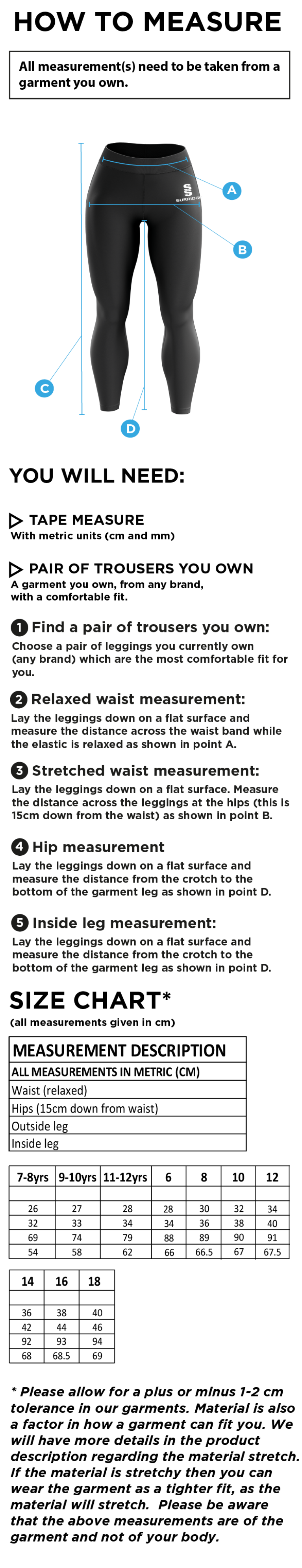 University of Bath - Lacrosse - Leggings - Size Guide