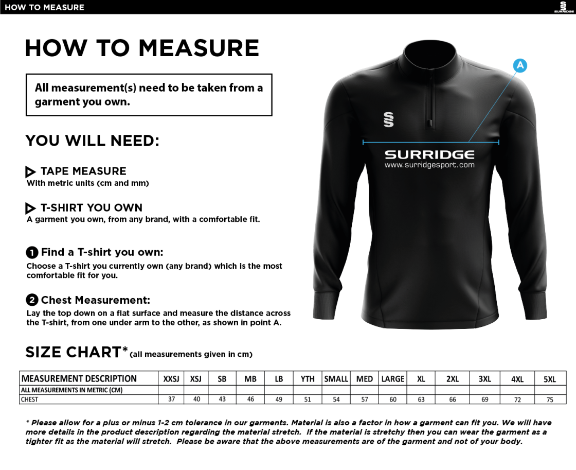 University of Bath - Rowing ¼ Performance Top - Size Guide