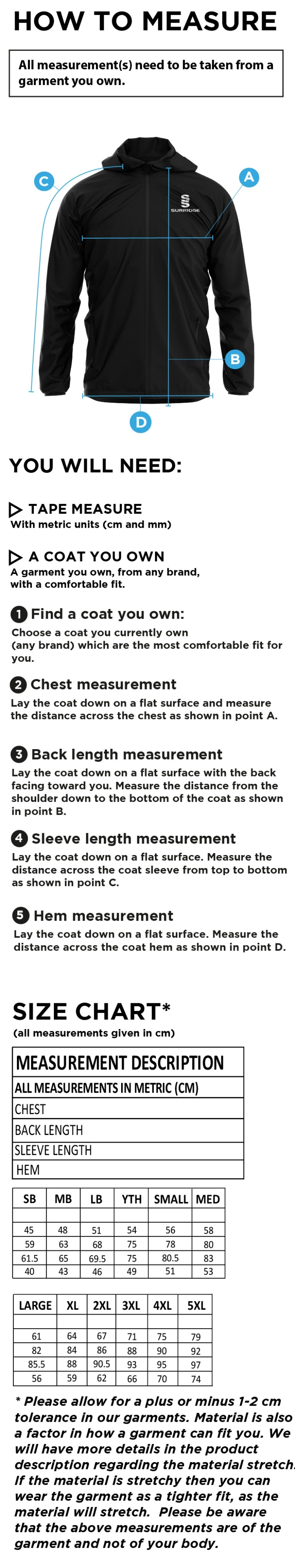University of Bath - Dual Full Zip Training Jacket - Size Guide