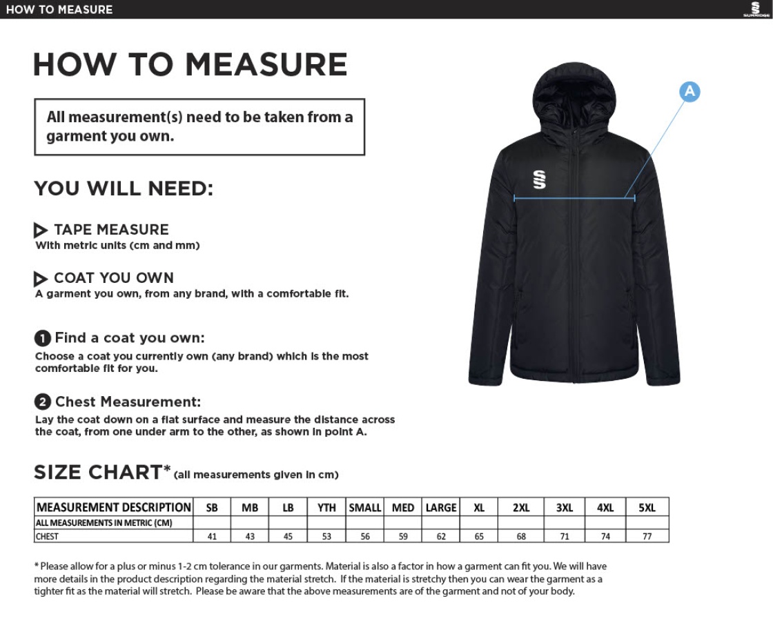 University of Bath - Matchday Jacket - Size Guide