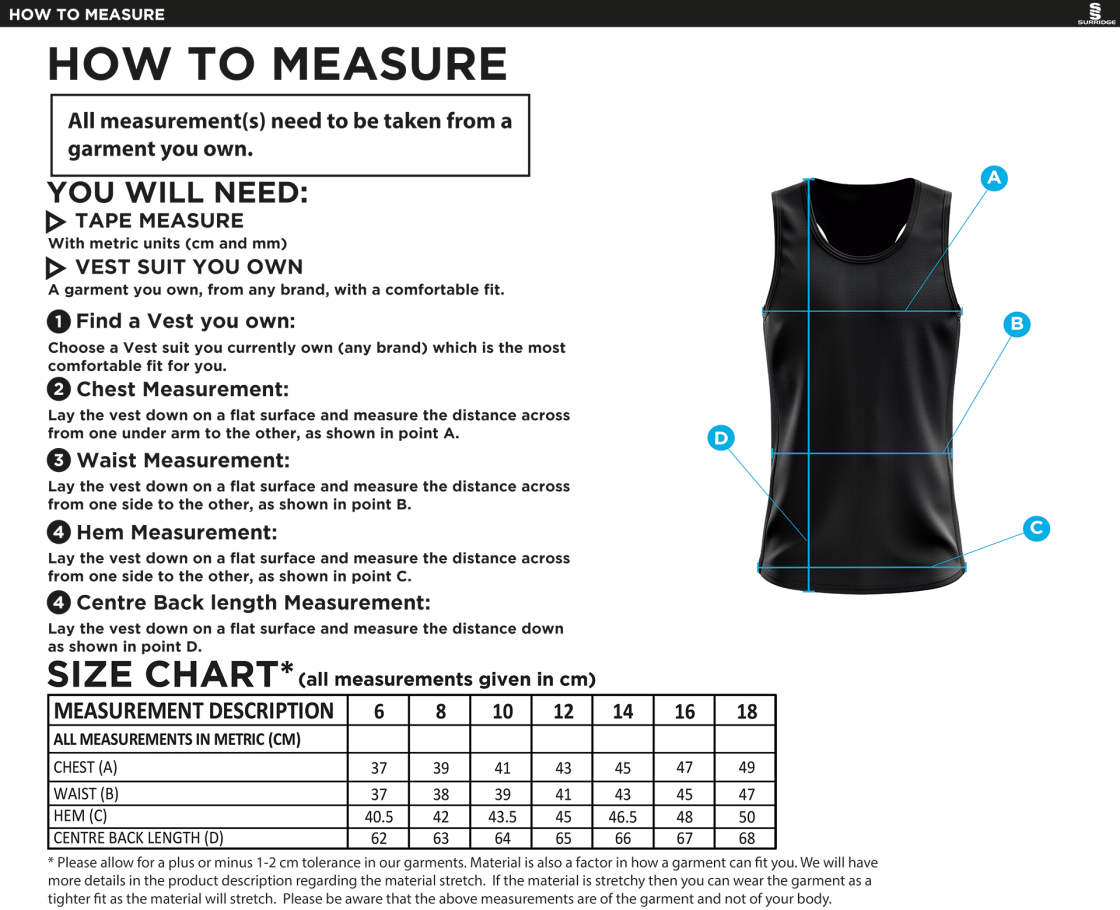 University of Bath - Athletics Female Vest - Size Guide