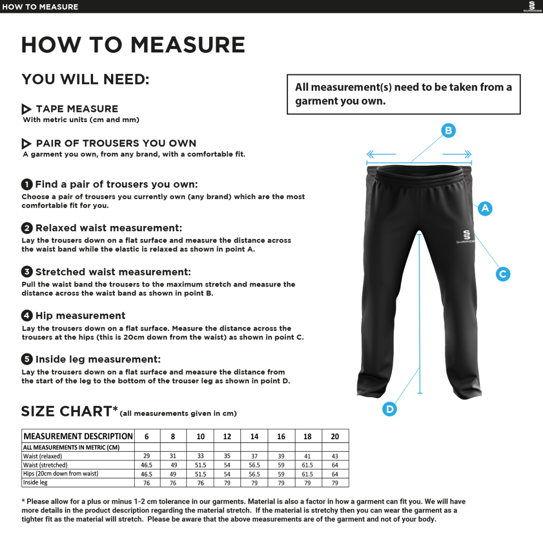 University of Bath - Lacrosse - Dual Poplin Track Pant - Women's Fit - Size Guide