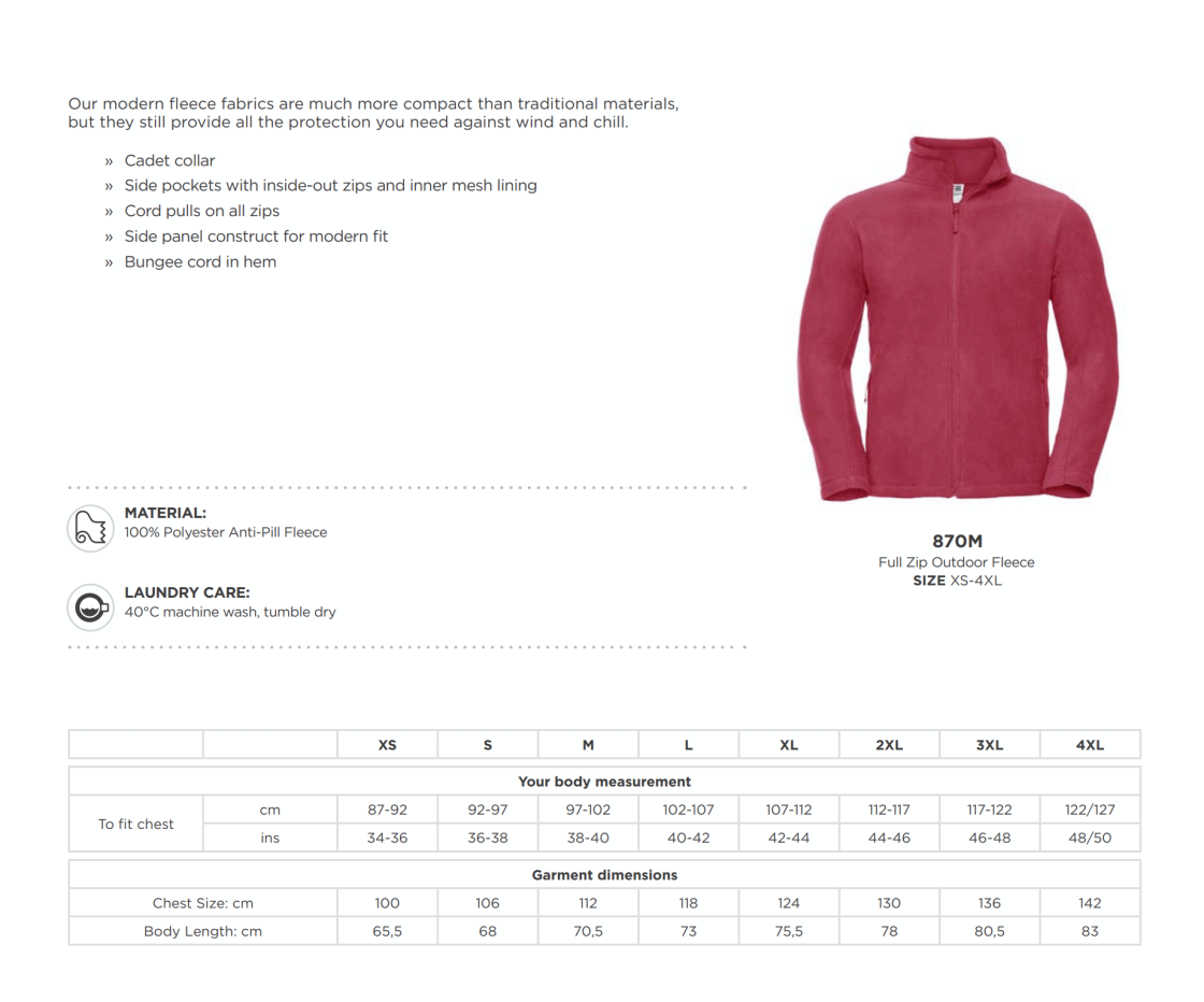 University of Bath - Riding Society - Full-Zip Outdoor Fleece - Unisex Fit - Size Guide