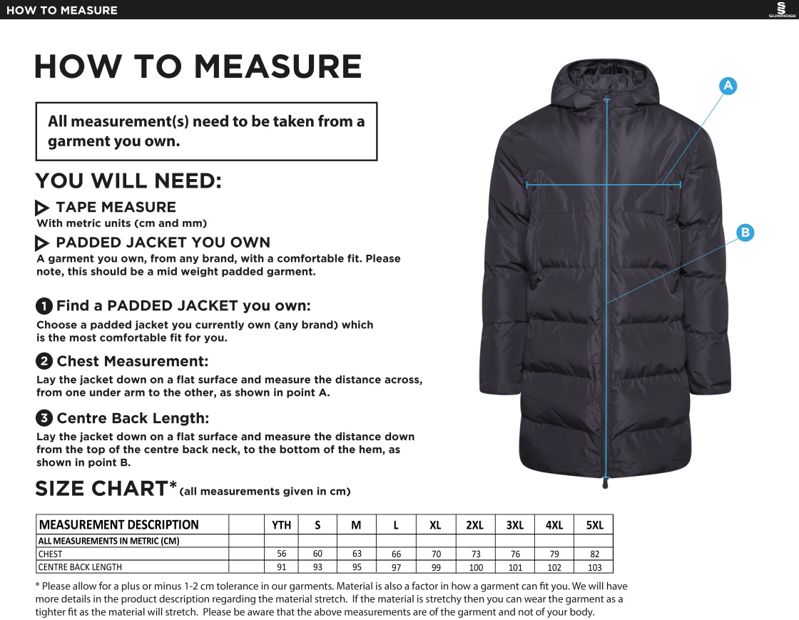University of Bath - Baseball - Full Length Sub Coat - Size Guide